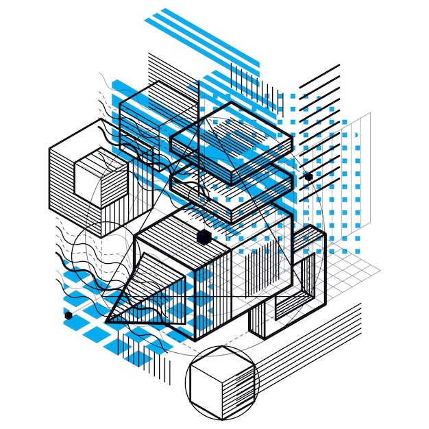 Abstract vector background with isometric lines and shapes. Cubes, hexagons, squares, rectangles and different abstract elements.