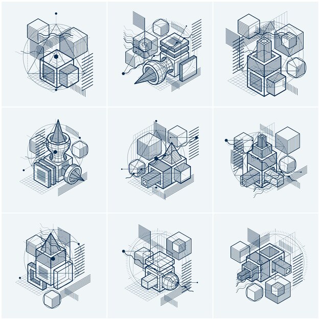 abstract vector backgrounds with isometric lines and shapes. cubes, hexagons, squares, rectangles and different abstract elements. vector collection.