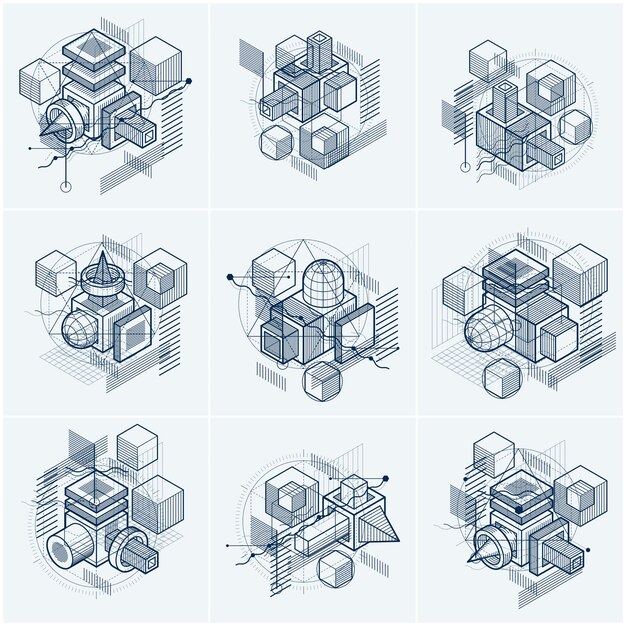 Abstract vector backgrounds with isometric lines and shapes. Cubes, hexagons, squares, rectangles and different abstract elements. Vector collection.