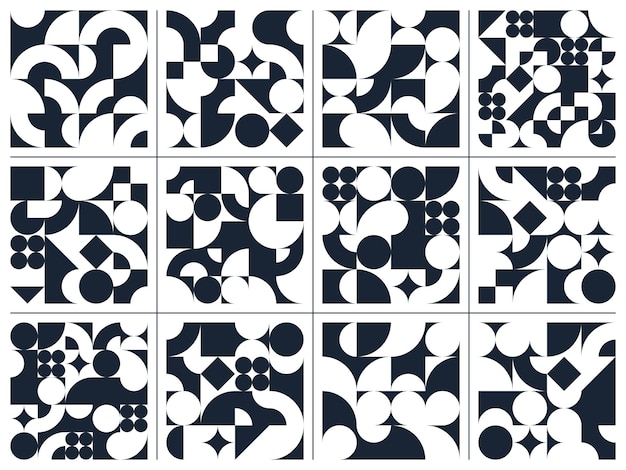 Abstract vector geometric seamless patterns set, black and white simple geometric elements repeat tiles, wallpapers or website backgrounds, design backgrounds in retro style.