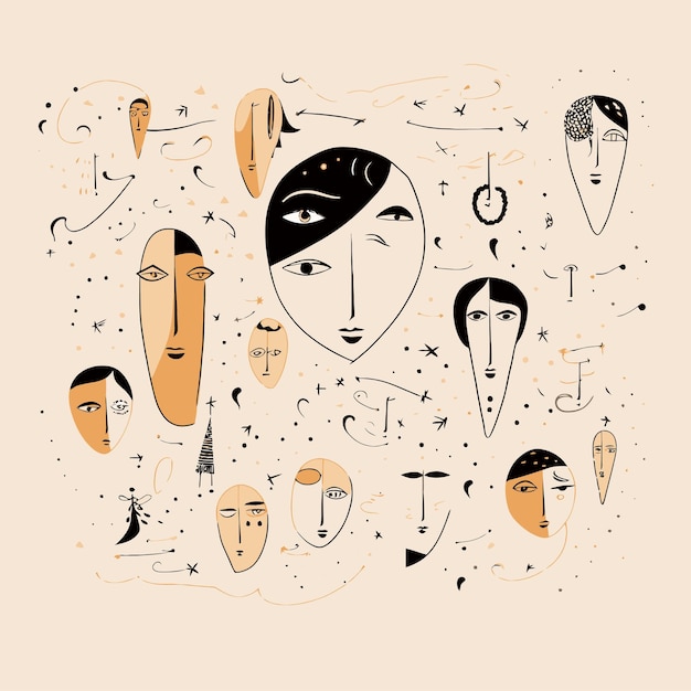 abstract vector hand drawn illustration in concept of lady faces