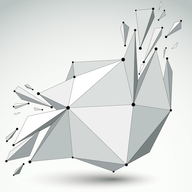 abstract vector low poly wrecked object with black lines and dots connected. 3d origami futuristic form with lines mesh.