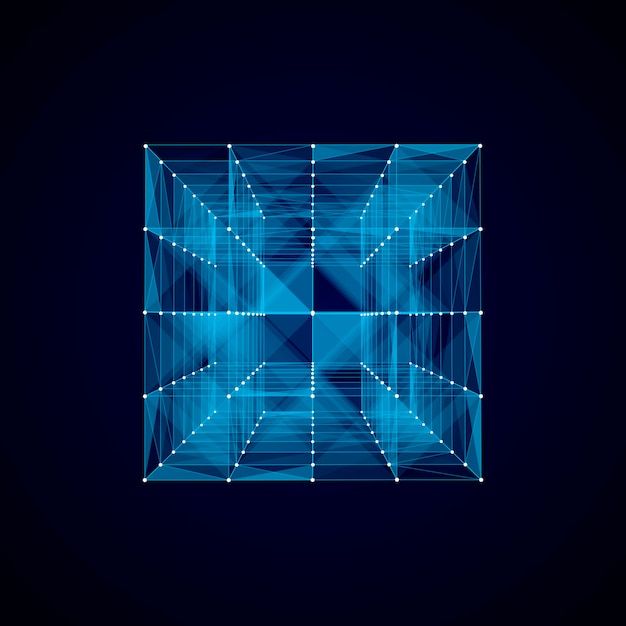 Abstract wireframe cube whith connection dots and lines Digital blockchain concept and data transfer system Storage cells of datas Vector illustration