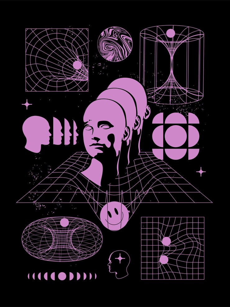 Vektor abstraktní lidská mysl a imaginace, mentální koncept se siluetou lidské hlavy obklopenou sadou abstraktních tvarových konstrukcí na černém pozadí. vektorová ilustrace eps 10