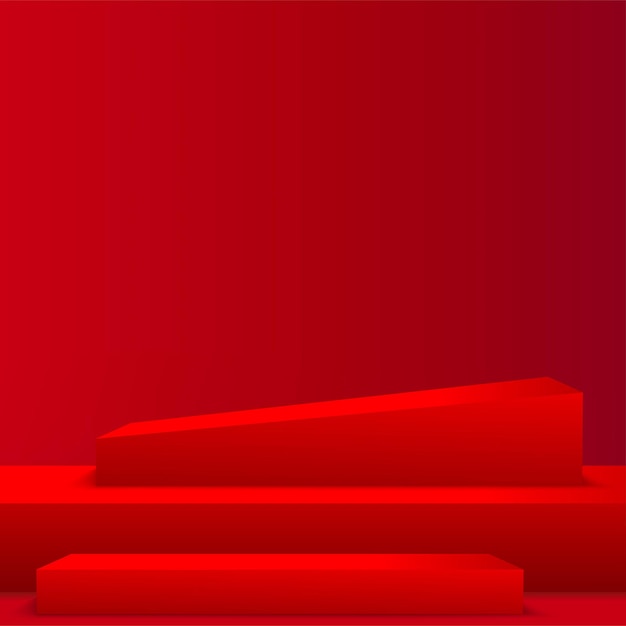 Abstraktní pozadí s červenými geometrickými 3D pódii. Vektorová ilustrace