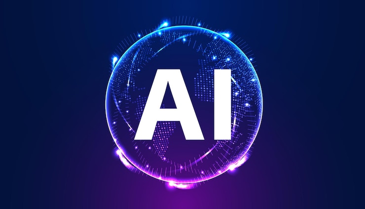 Vektor abstraktní svět umělá inteligence na kruhovém digitálním a technologickém pozadí s počítačem