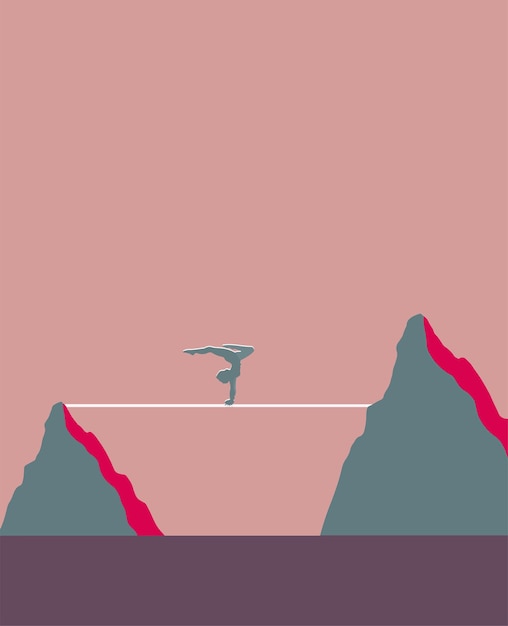 Acrobat Balancing on Tightrope Between Mountains