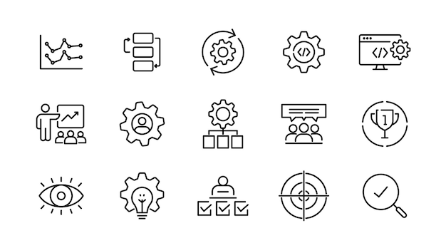 Action plan linear icon set Strategy planning analysis goal business target outline icon collection