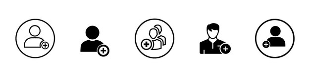 Add new user icon set Person profile avatar with plus Add user profile icon Male person profile