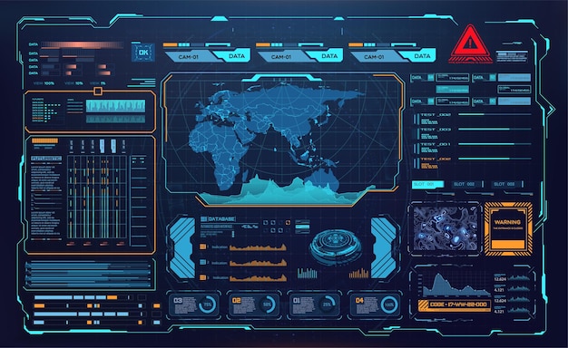 Advanced Global Surveillance Interface with Data Analytics and World Map Monitoring HUD UI GUI data screen digital dashboard interface and virtual infographics in futuristic style