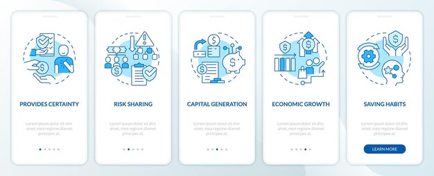 Advantages of insurance services blue onboarding mobile app screen