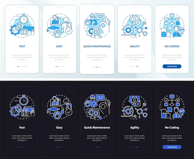 Advantages of no code night and day mode onboarding mobile app screen Web walkthrough 5 steps graphic instructions pages with concepts UI UX GUI template Myriad ProBold Regular fonts used