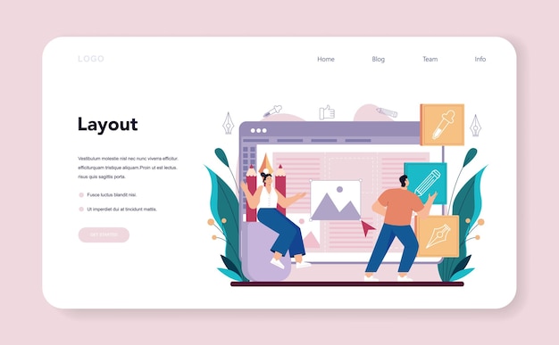 Advert designer or illustrator web banner or landing page. Artist creating modern advertisment. Digital banner development. Creativity concept. Flat illustration vector