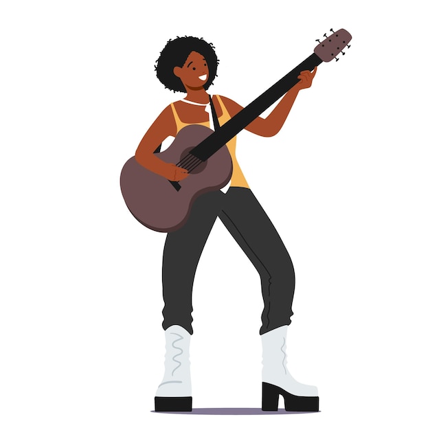 Africká ženská postava hraje na akustickou kytaru rockovou nebo country melodii. Hudebnice zpívá a hraje v rockovém oblečení, umělkyně kytaristka, zpěvačka. Kreslená vektorová ilustrace
