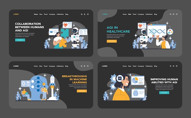 Agi night or dark mode web or landing page set advancing humanrobot interaction healthcare learning