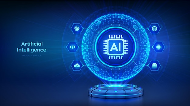 ai artificial intelligence technology concept artificial intelligence in the form of a holographic sphere with a hexagonal pattern neural networks machine learning big data vector illustration