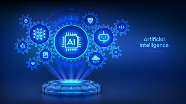 AI Artificial intelligence technology concept Holographic platform with glowing rays forming a projection of interconnected gears with icons Neural networks Machine learning Vector illustration