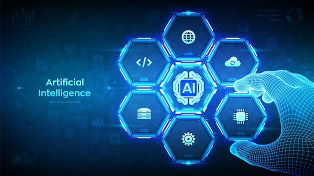 AI Artificial Intelligence technology Digital brain Neural network Machine learning Deep learning Big data analysis Wireframe hand places an element into a composition Vector illustration