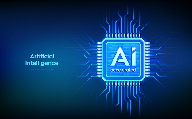 AI chip with the inscription AI Accelerated CPU microchip Concept of artificial intelligence technology AI accelerated processor chip Innovative machine learning technology Vector illustration