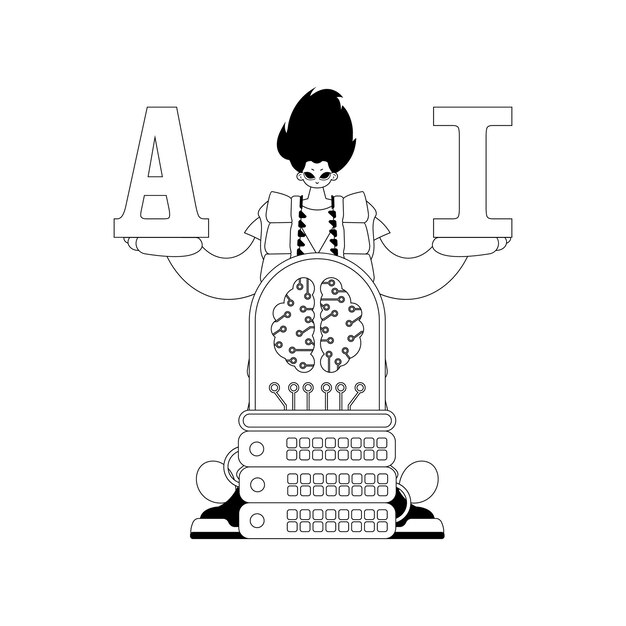 AI guy and server illustrated in vector style with an AI theme