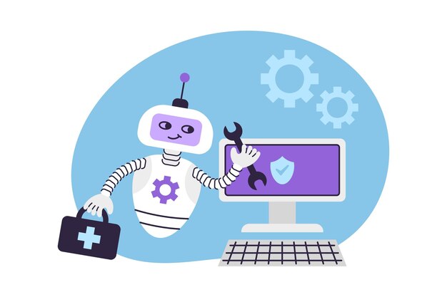 ai robot assistant holds wrench and first aid kit computer setup and repair concept of digital