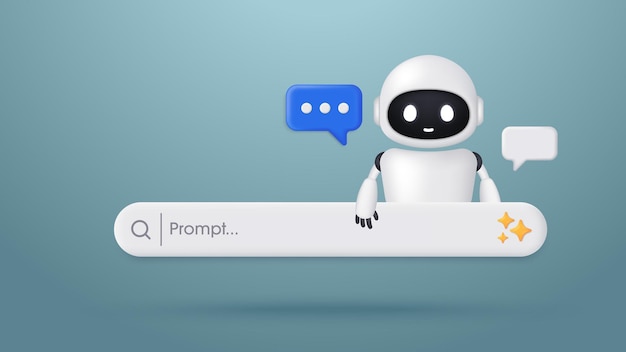 AI robot with a search engine bar and speech bubble Concept of AI and machine learning Generative bar Input prompt as commands for search and analysis by AI Trendy and modern vector in 3d stylex9