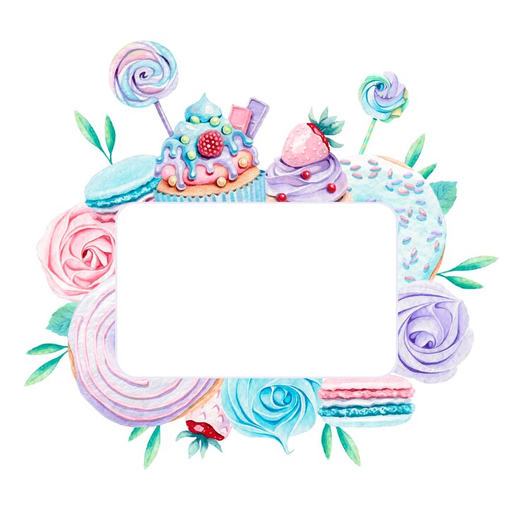 Vektor akvarelová ilustrace rámu se sladkým dezertem. cupcaky, prosklené bobule, koblihy, marshmallow