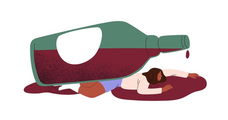 Vektor alcohol-addicted drunk woman, drinker under wine bottle. alcoholic drink abuse, excess. drunken person with addiction disorder. flat graphic concept vector illustration isolated on white background