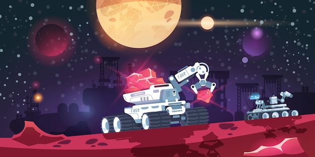 alien colony cartoon red planet base with sifi exploration transport space discovery mission cosmic robots explore mars surface futuristic galactic landscape vector illustration