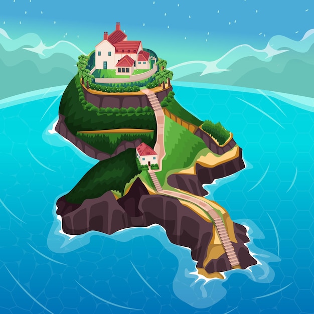 An isolated island in the middle of the ocean , Beautiful house on the island