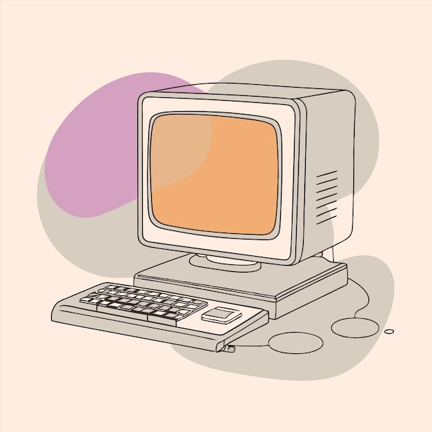 an old computer with a pink background and a purple and orange circle in the middle
