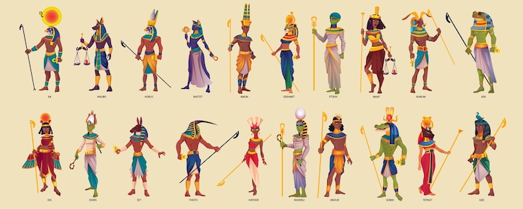 Vektor ancient egyptian gods in various gestures a group of ancient egyptian gods are depicted standing next to each other with their bodies in dynamic gestures vector illustration