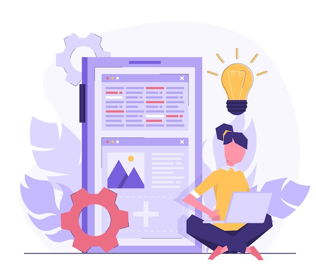 app development. a programmer creates an application on the phone. a woman has a light bulb