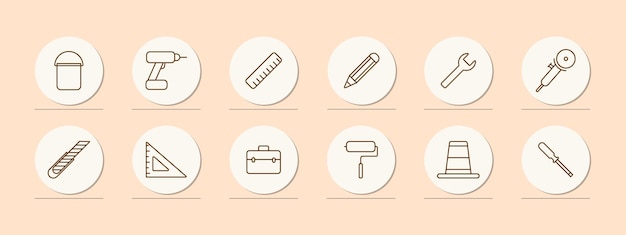 appliances set icon bucket drill ruler pencil wrench corner ruler tool box roller cone screwdriver instrument tackle tools implement concept