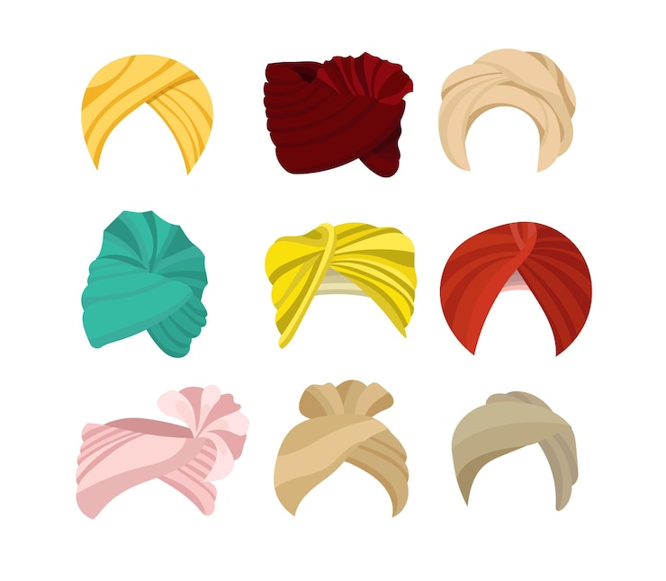 Vektor arabian or indian colorful turbans cartoon illustration set. traditional sikh hats, pagri or headgear for man or woman isolated on white background. headdress, arab culture concept