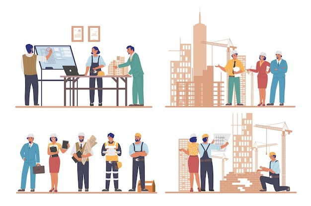 Architects and engineers working on architecture project of modern city buildings flat vector illustration set Professional construction engineer services building industry construction development