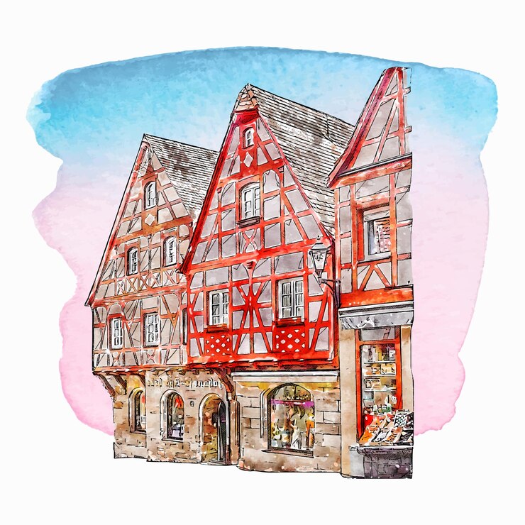 Vektor architektura bayern, německo, akvarelová ručně kreslená ilustrace izolovaná na bílém pozadí.