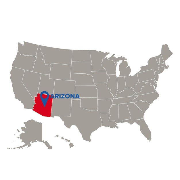 Arizona is marked in red with a location pin on a United States map