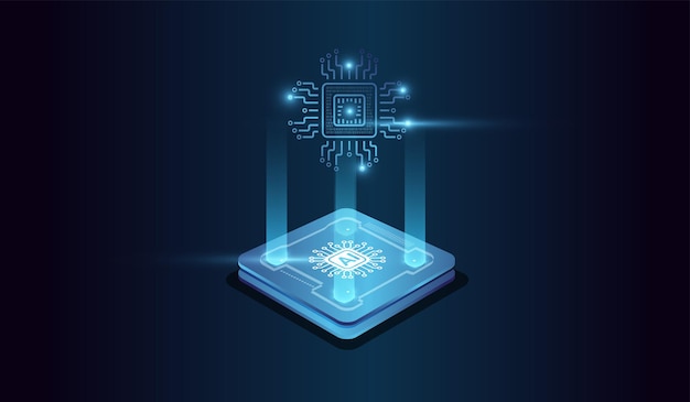 Artifical intelligence technology concept on Brightly glowing AI chip with light circuit board on technology vector Computer microchip and Binary code in digital brain form compose
