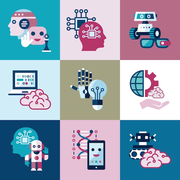 Artificial intelligence and electronic technologies icon set