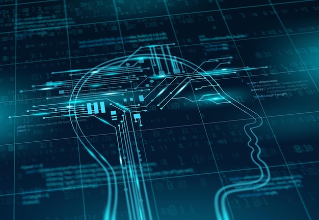 Artificial intelligence big data and machine learning technology vector concept AI robot or human head with brain of circuit board on futuristic background with blue neon binary code flow