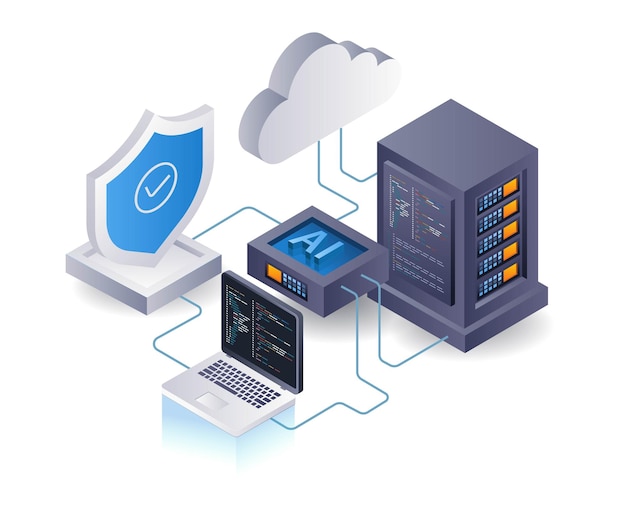 Artificial intelligence for cloud server security flat isometric 3d illustration