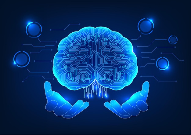 Artificial intelligence technology The hand holding the brain inside is a technological circuit AI