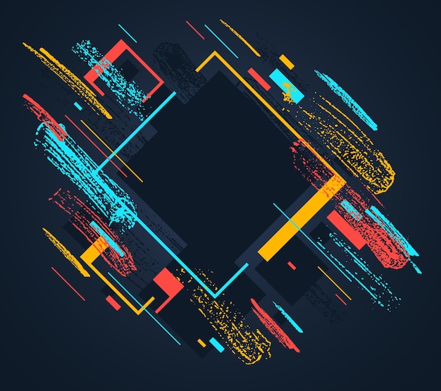 Artistic geometric frame with hand drawn brush strokes vector abstract background, art style bright shiny colors, modern design over dark.