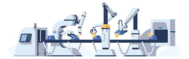assembly line automatic industrial production process manufacturing conveyor automated manipulators factory innovation construction technology product processing vector concept