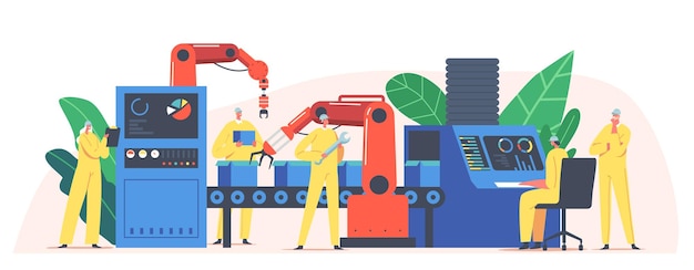assembly line with robotic arms, male female factory worker or engineer characters automated production process, high tech machinery, industrial revolution concept. cartoon people vector illustration