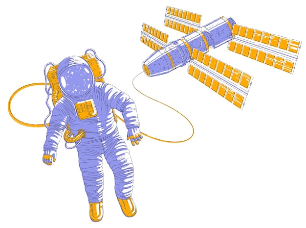 Astronaut flying in open space connected to space station, spaceman in spacesuit floating in weightlessness and iss spacecraft with solar panels behind him. Vector illustration isolated over white.