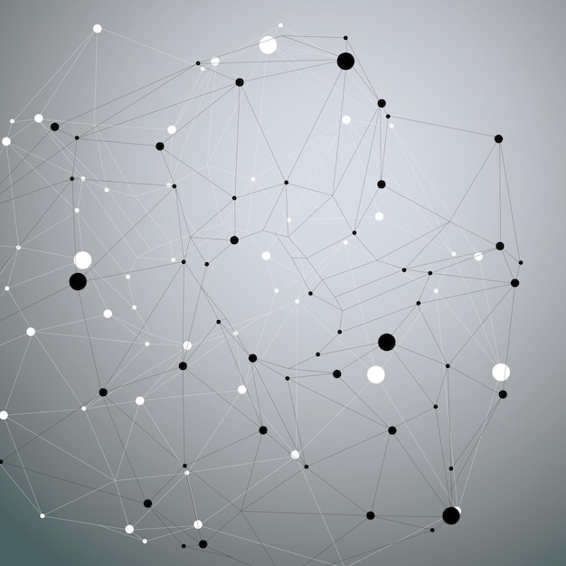 Asymmetric 3D abstract object with connected lines and dots, geometric form with lattice structure.