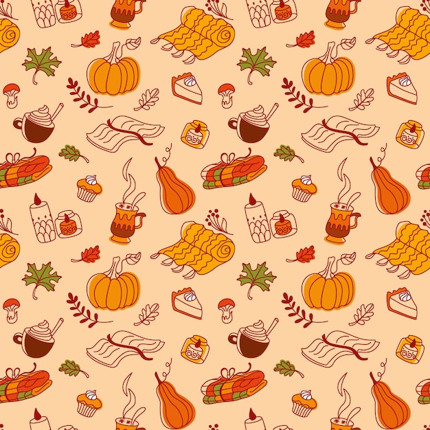 Autumn seamles pattern in orange tones cozy objects Seamless pattern Vector