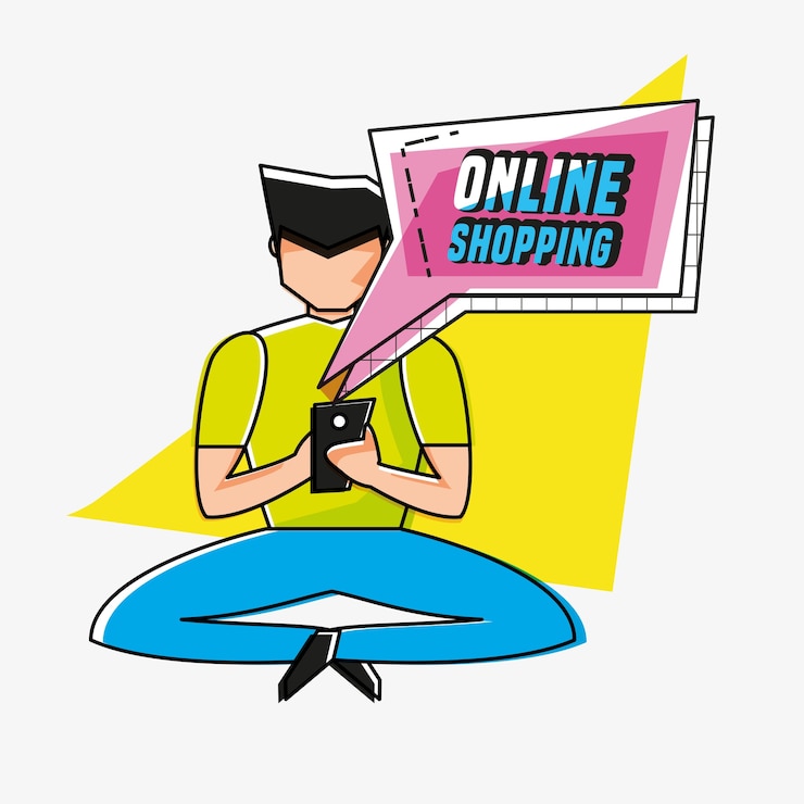 Vektor avatar muže s ikonami online nakupování v pop art stylu